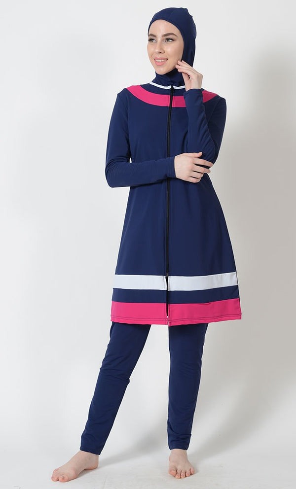 Pink And White Accent Front Zipper Swimwear Burkini Three Piece Set - EastEssence.com