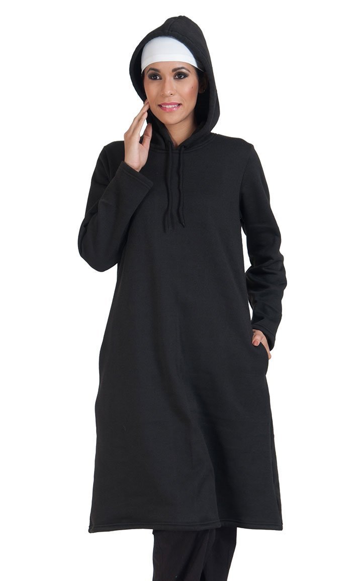 Black Plain Extra Long Hoodie Sweatshirt EastEssence