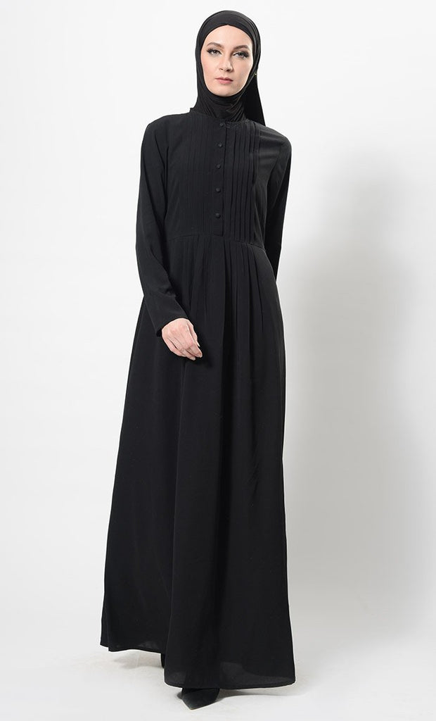 Pleated Button Down Flared Abaya Dress And Hijab Set - EastEssence.com