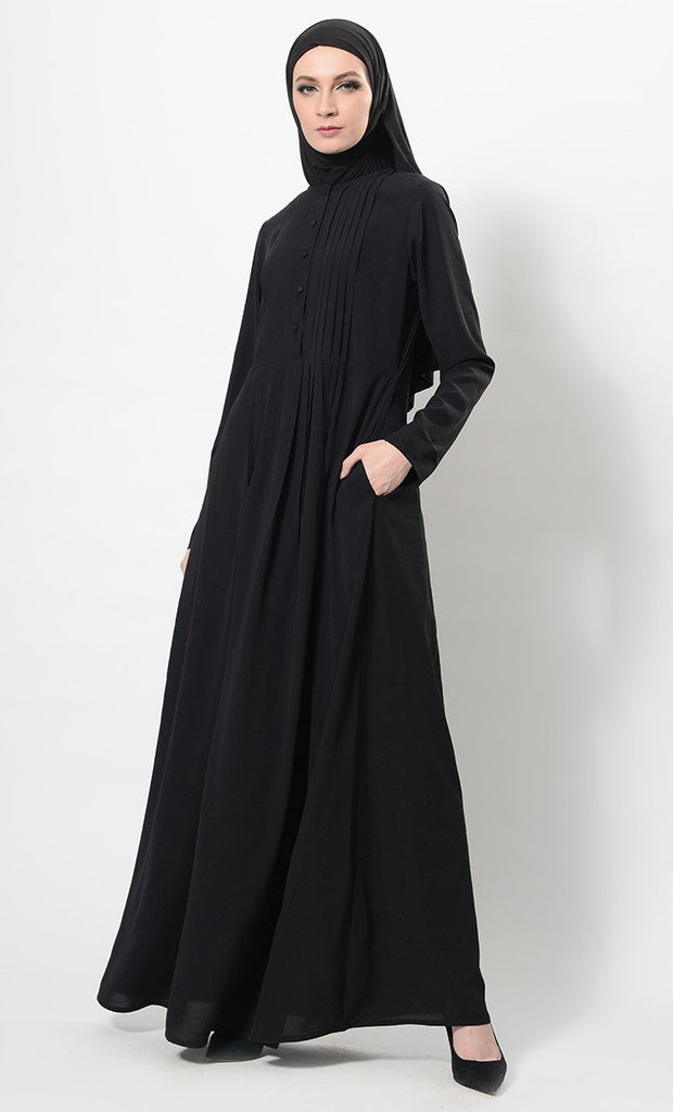 Pleated Button Down Flared Abaya Dress And Hijab Set - EastEssence.com