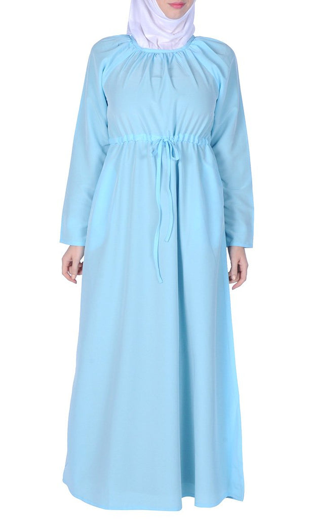 Pleated Detail And Knotted Drawstring Flared Abaya Dress - EastEssence.com
