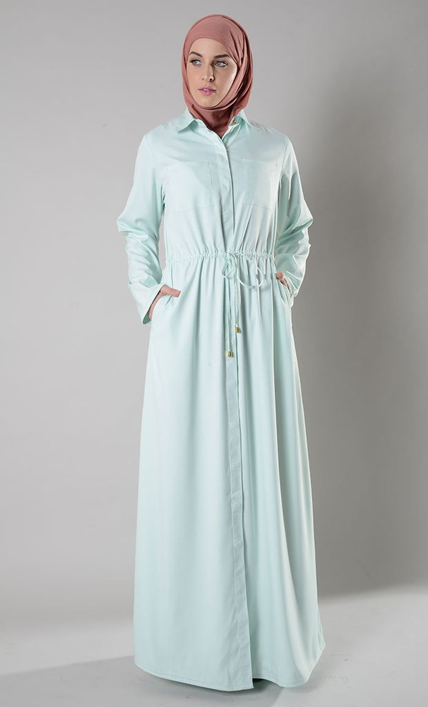 Pleated panels and drawstring tie up shirt style abaya dress - EastEssence.com
