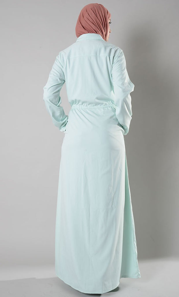 Pleated panels and drawstring tie up shirt style abaya dress - EastEssence.com