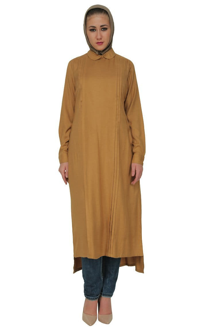 Pleated Panels & Peter Pan Collared Shirt Style Long Tunic (Mustard)