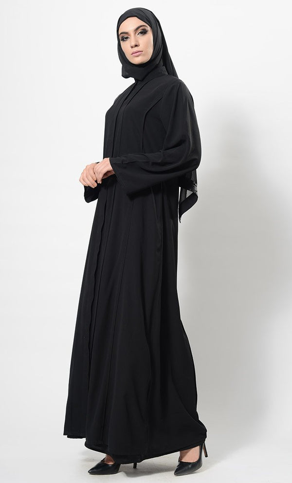 Pleated Panels Flared Asymmetrical Abaya Dress And Hijab Set - EastEssence.com