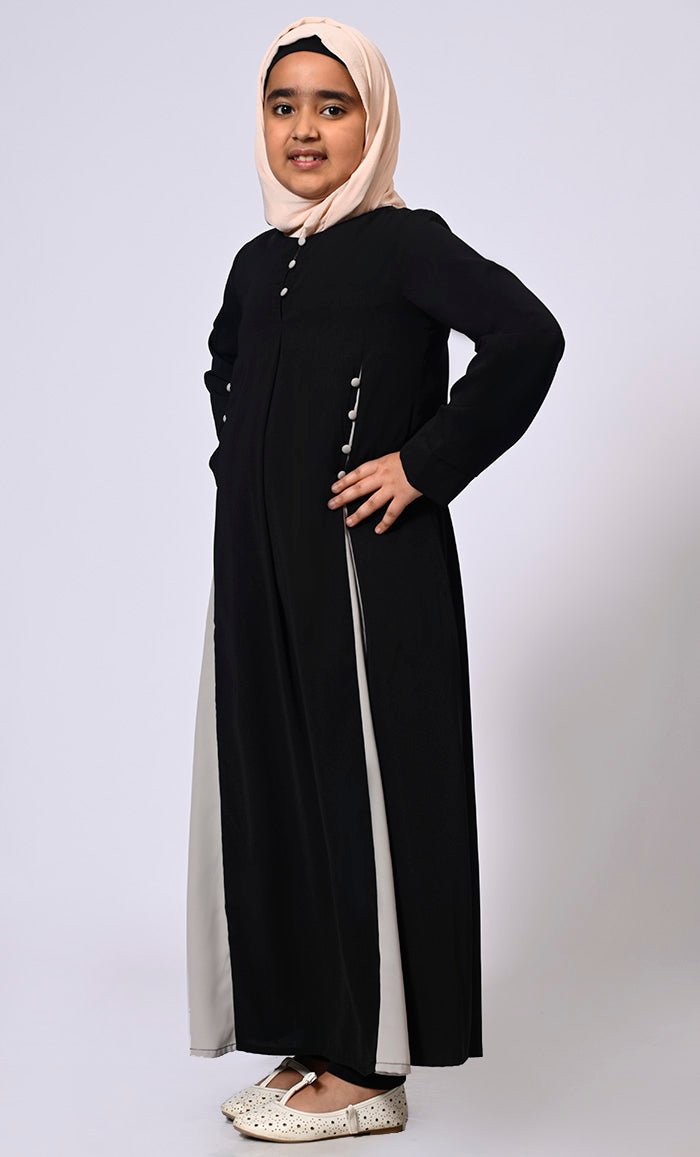 Pleated Perfection: Girl's Black Abaya with Box Pleats & Side Pockets - EastEssence.com