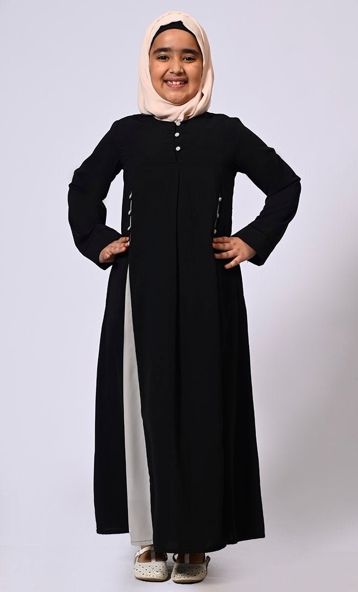 Pleated Perfection: Girl's Black Abaya with Box Pleats & Side Pockets - EastEssence.com