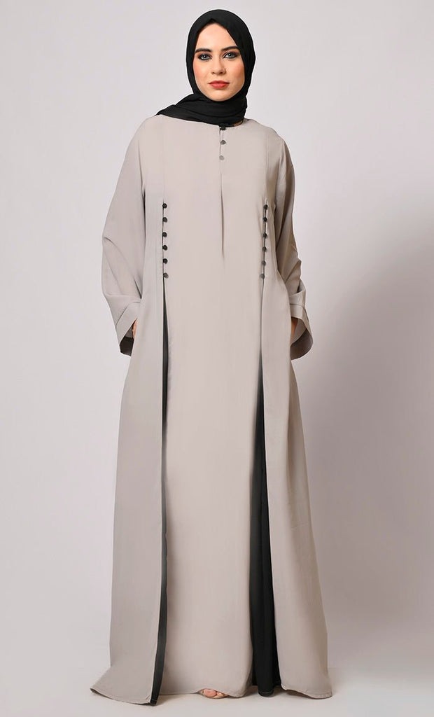 Pleated Perfection: Grey Abaya with Box Pleats & Side Pockets" - EastEssence.com