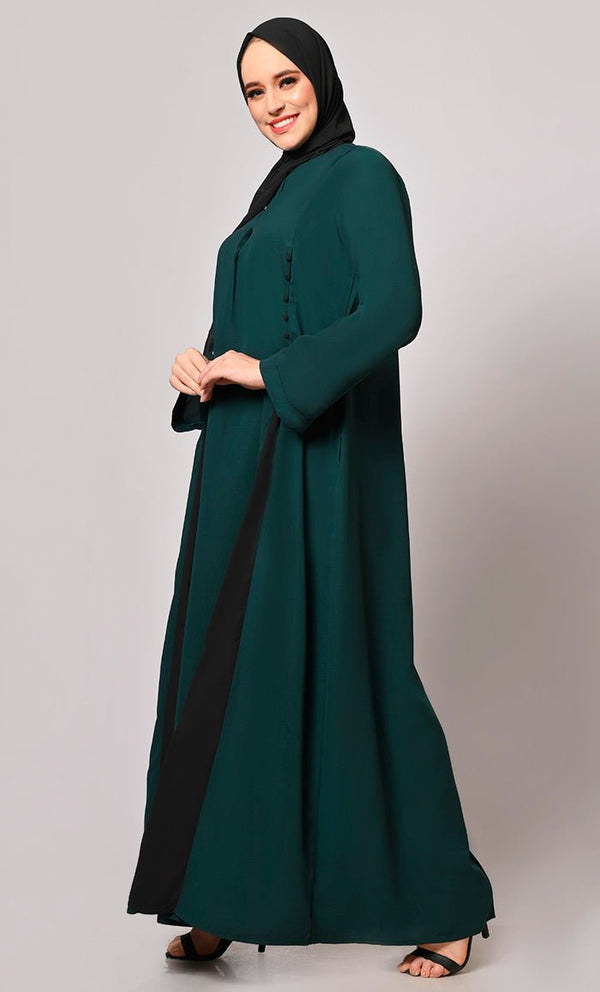Pleated Perfection: Hunter Green Abaya with Box Pleats & Side Pockets" - EastEssence.com