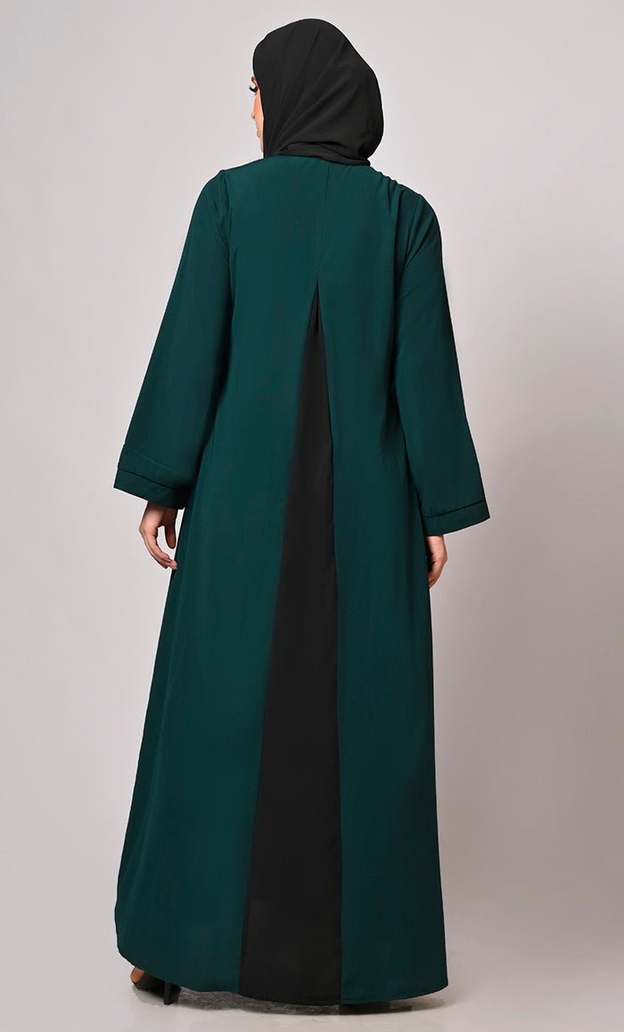 Pleated Perfection: Hunter Green Abaya with Box Pleats & Side Pockets" - EastEssence.com