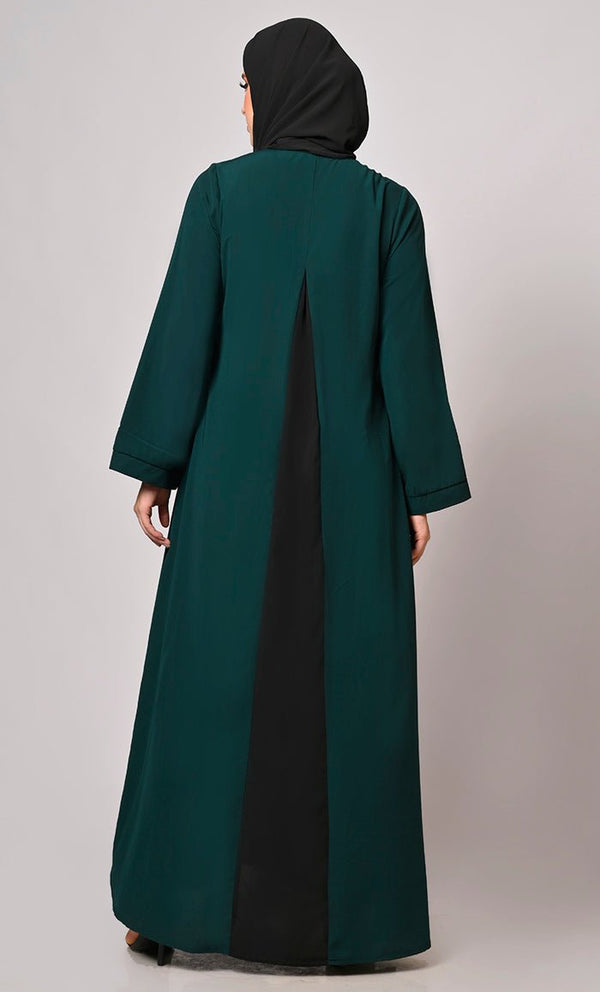 Pleated Perfection: Hunter Green Abaya with Box Pleats & Side Pockets" - EastEssence.com