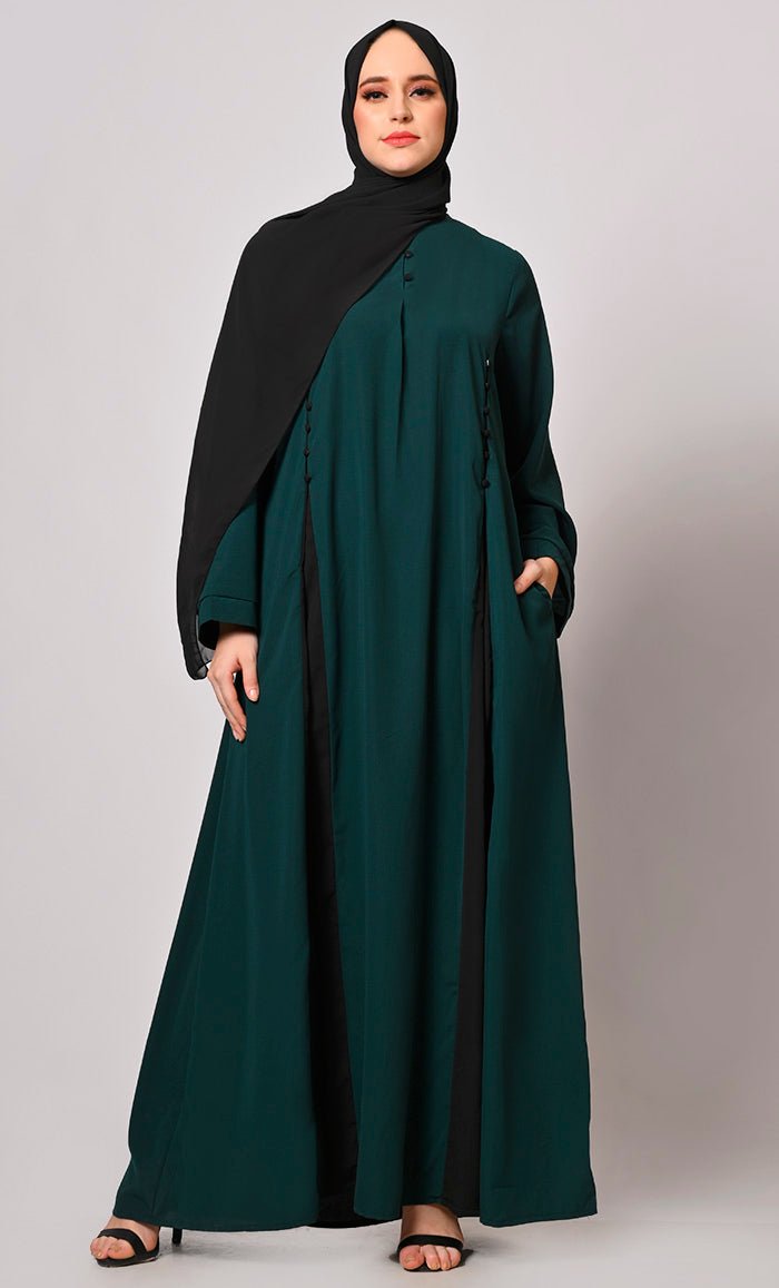 Pleated Perfection: Hunter Green Abaya with Box Pleats & Side Pockets" - EastEssence.com