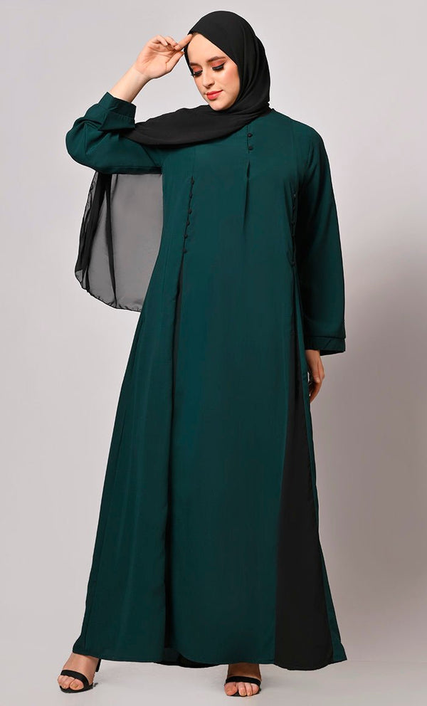 Pleated Perfection: Hunter Green Abaya with Box Pleats & Side Pockets" - EastEssence.com