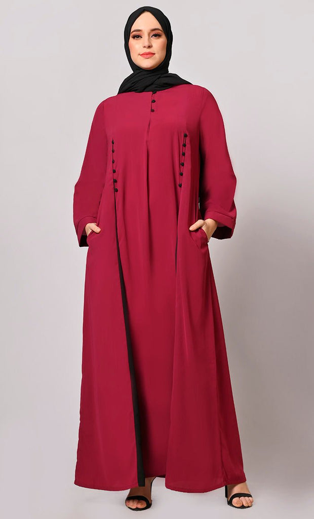Pleated Perfection: Maroon Abaya with Box Pleats & Side Pockets" - EastEssence.com