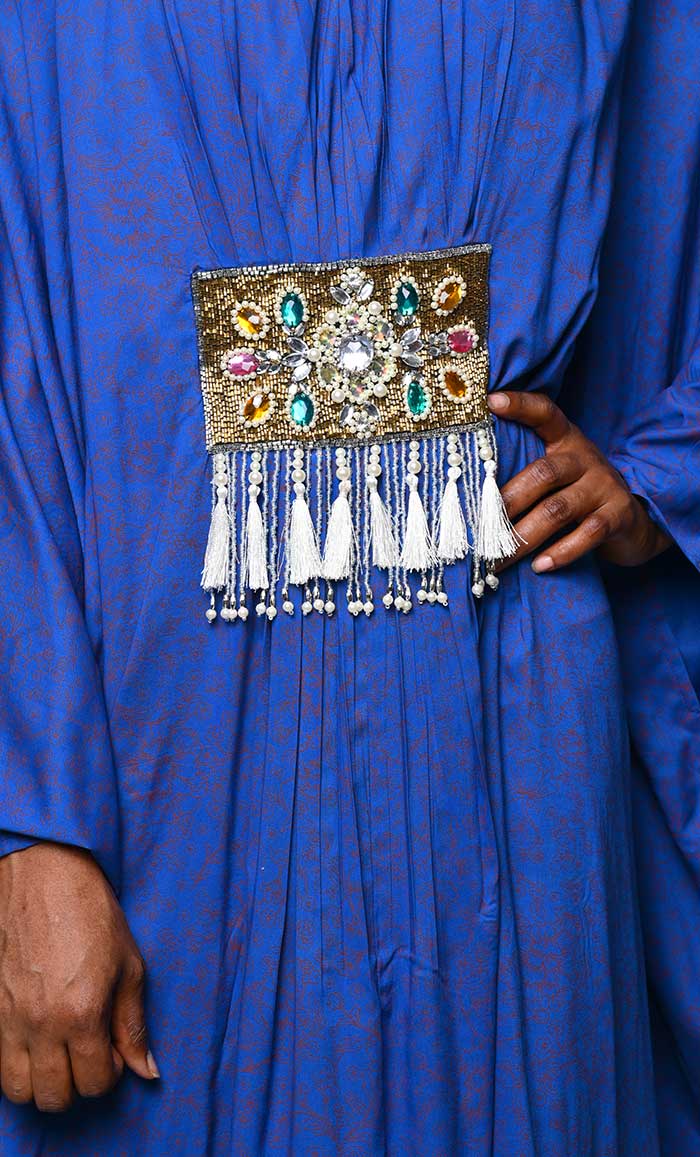 Pretty Blue Printed Applique Work Detailing Full Flairy Kaftan - EastEssence.com