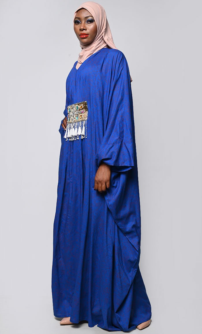 Pretty Blue Printed Applique Work Detailing Full Flairy Kaftan - EastEssence.com