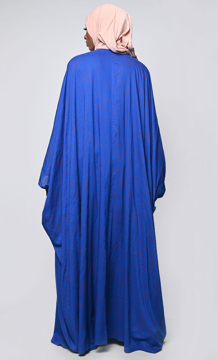 Pretty Blue Printed Applique Work Detailing Full Flairy Kaftan - EastEssence.com
