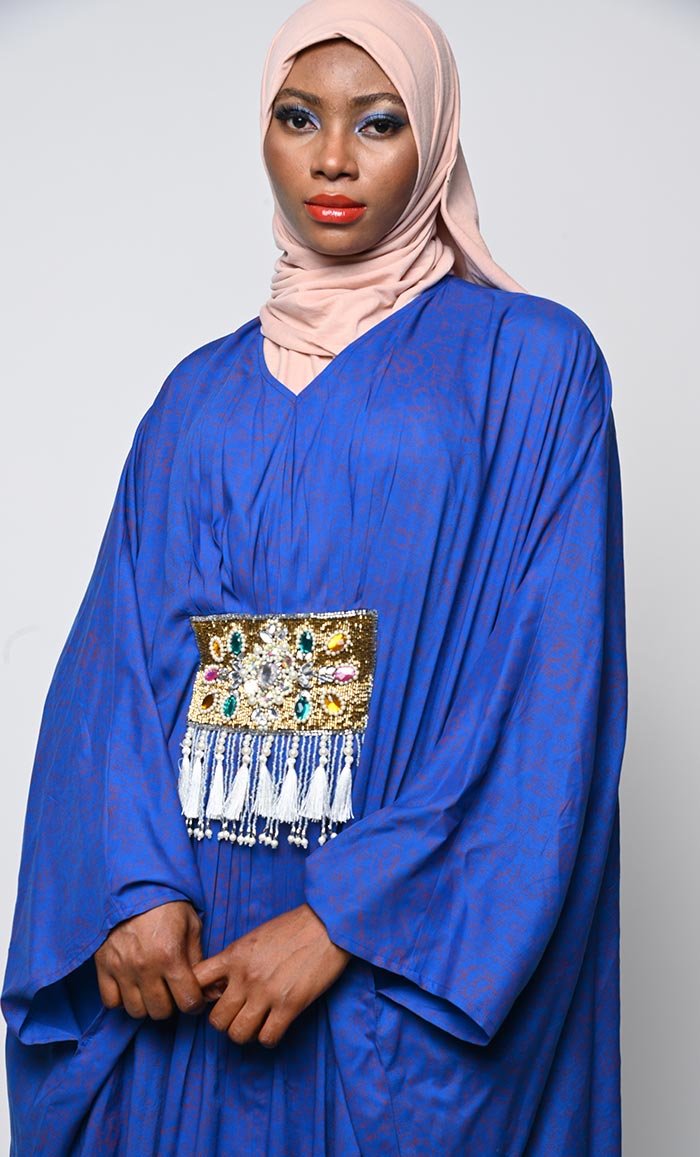 Pretty Blue Printed Applique Work Detailing Full Flairy Kaftan - EastEssence.com