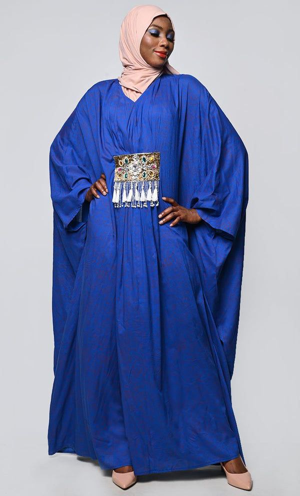 Pretty Blue Printed Applique Work Detailing Full Flairy Kaftan - EastEssence.com