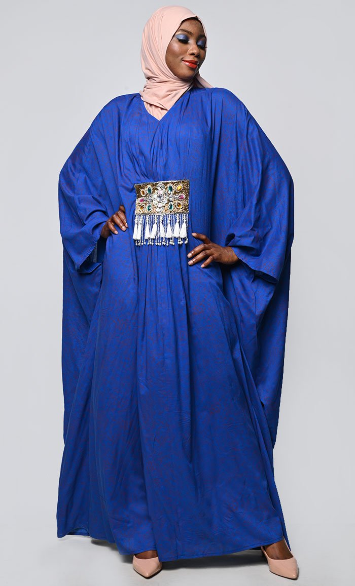 Pretty Blue Printed Applique Work Detailing Full Flairy Kaftan - EastEssence.com