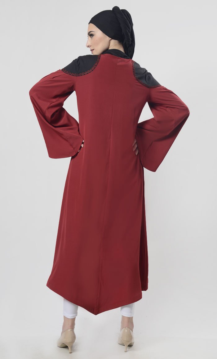 Pretty Red Asymmetric Hem With Aari Work Detailing Tunic - EastEssence.com