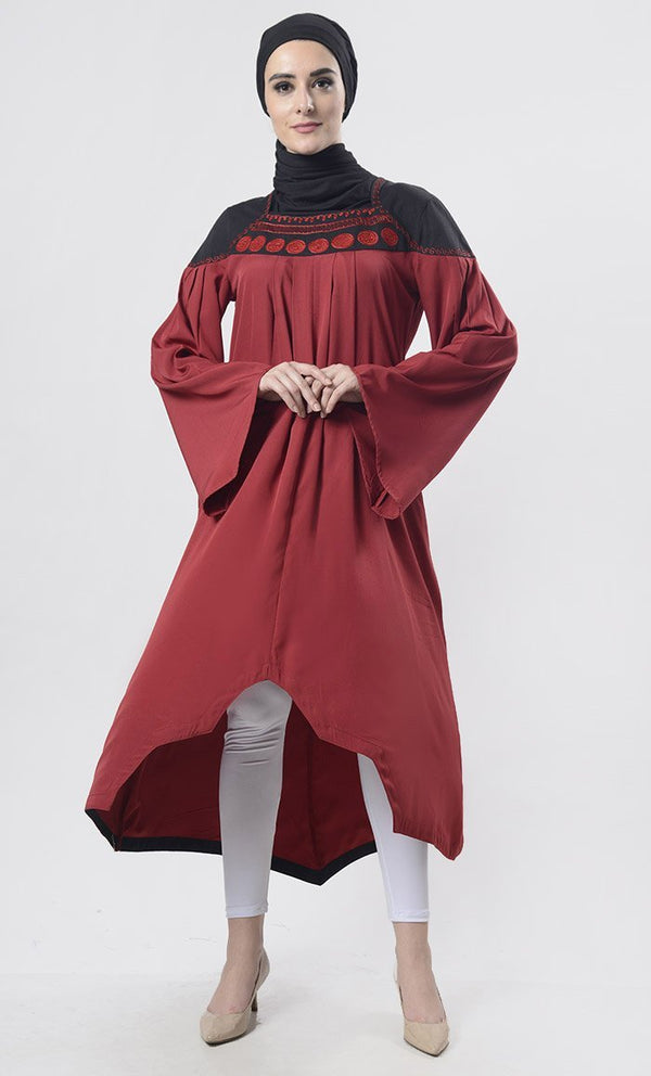 Pretty Red Asymmetric Hem With Aari Work Detailing Tunic - EastEssence.com