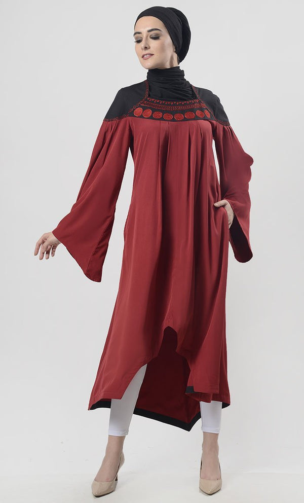 Pretty Red Asymmetric Hem With Aari Work Detailing Tunic - EastEssence.com
