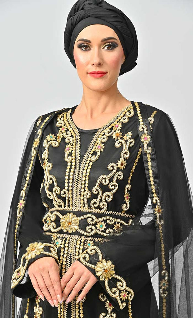 Qatar Moroccan Golden Detailed Embroidery On Net And Included Satin Inner - EastEssence.com
