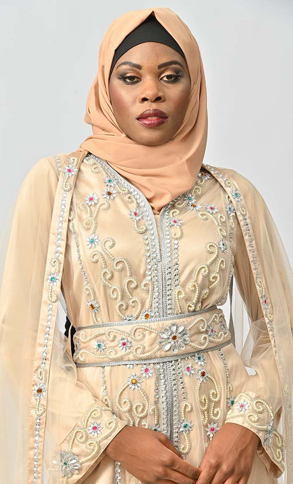 Qatar Moroccan Silver Detailed Embroidery On Net And Included Satin Inner - EastEssence.com