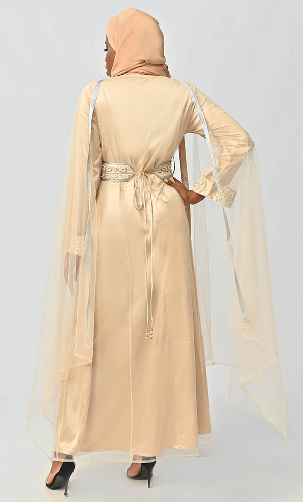 Qatar Moroccan Silver Detailed Embroidery On Net And Included Satin Inner - EastEssence.com