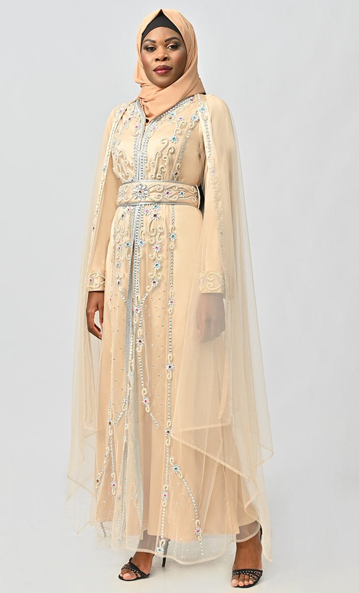 Qatar Moroccan Silver Detailed Embroidery On Net And Included Satin Inner - EastEssence.com