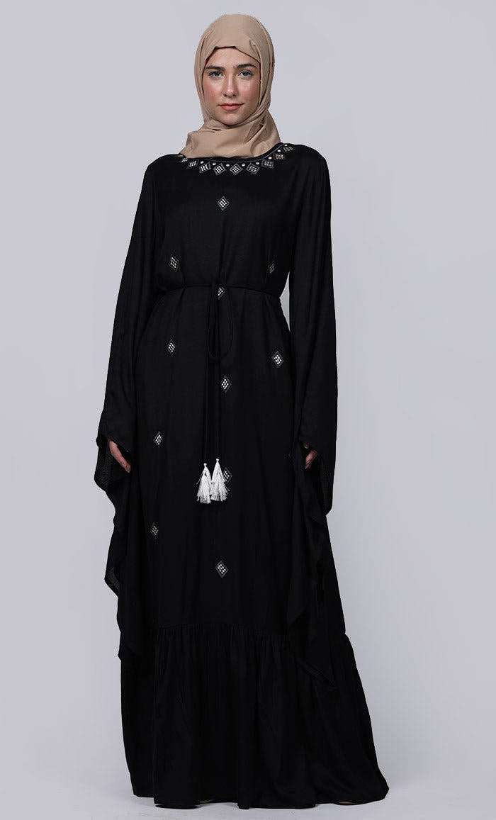 Abaya noire spéciale Ramadan avec ceinture ample