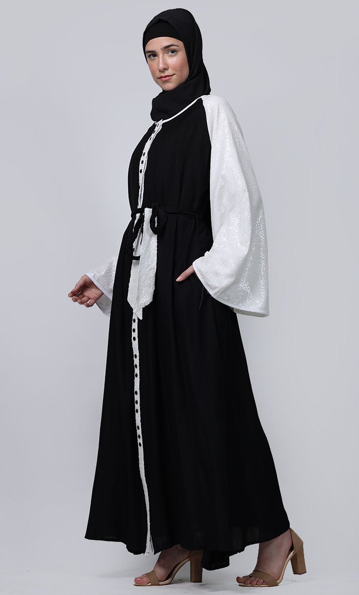 Ramadan Special Contrasted Sequence Sleeves Detailing Full Button Down Abaya - EastEssence.com