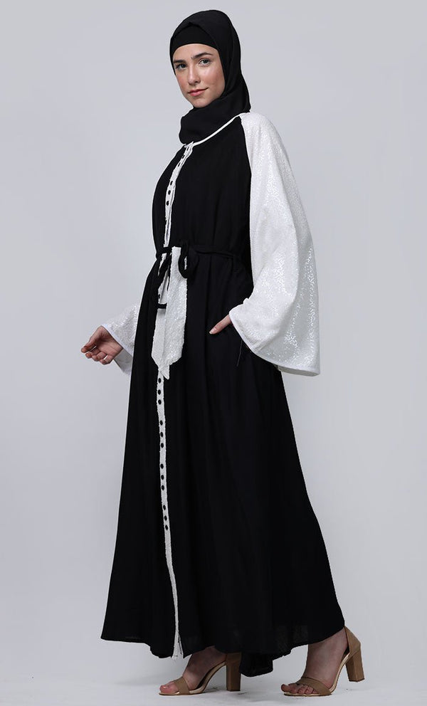 Ramadan Special Contrasted Sequence Sleeves Detailing Full Button Down Abaya - EastEssence.com
