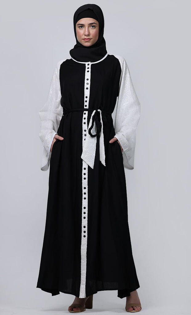 Ramadan Special Contrasted Sequence Sleeves Detailing Full Button Down Abaya - EastEssence.com