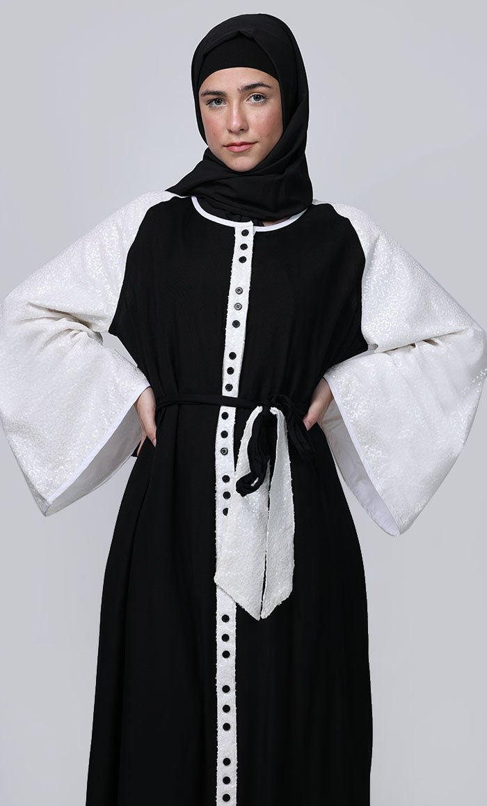 Ramadan Special Contrasted Sequence Sleeves Detailing Full Button Down Abaya - EastEssence.com