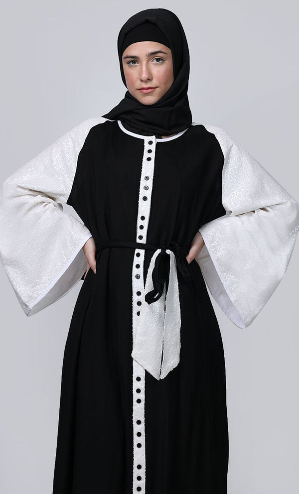 Ramadan Special Contrasted Sequence Sleeves Detailing Full Button Down Abaya - EastEssence.com