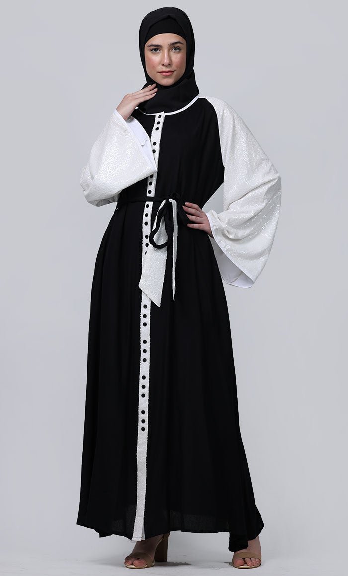 Ramadan Special Contrasted Sequence Sleeves Detailing Full Button Down Abaya - EastEssence.com