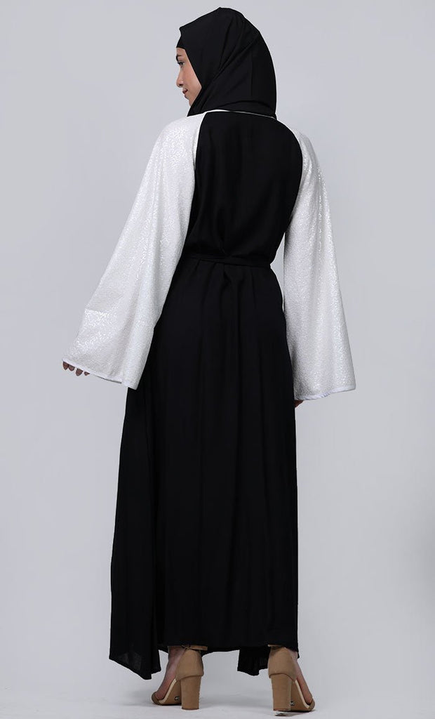 Ramadan Special Contrasted Sequence Sleeves Detailing Full Button Down Abaya - EastEssence.com