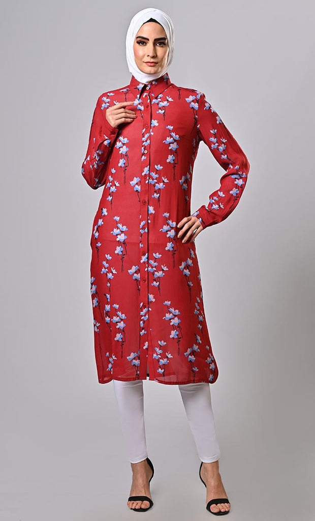 Ravishing Red Floral Printed Tunic With Side Pockets - EastEssence.com