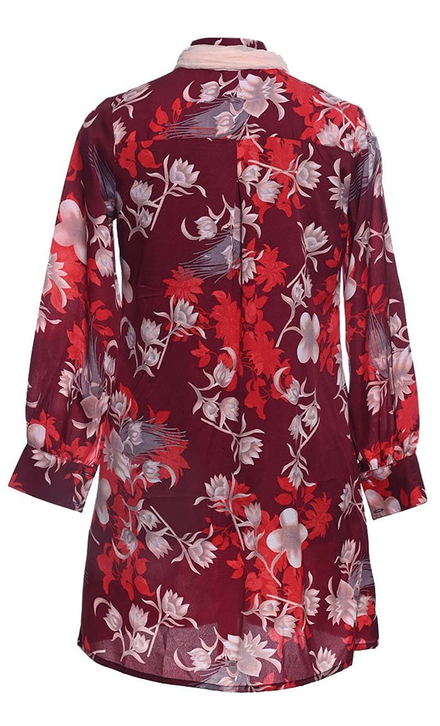 Red Comfortable Floral Printed Tunic With Scarf - EastEssence.com
