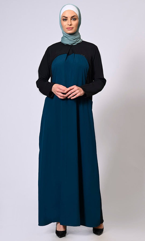Refined Modesty: Denim Abaya with Inverted Box Pleat and Contrasting Yoke Panel - EastEssence.com