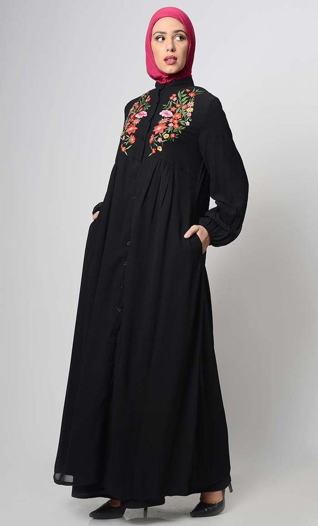 Rise and Shine Embroidered Abaya-Black - EastEssence.com