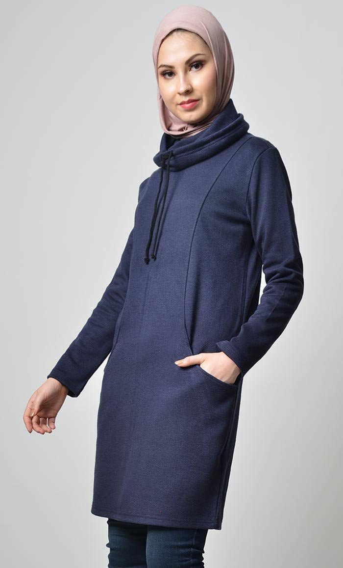Rolled Up Collar Hoodie-Navy - EastEssence.com