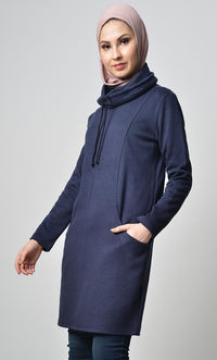 Rolled Up Collar Hoodie-Navy - EastEssence.com