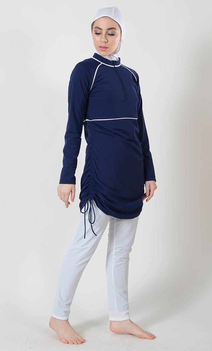 Rouched Detail And White Trim Panels Swimwear Burkini Three Piece Set - EastEssence.com