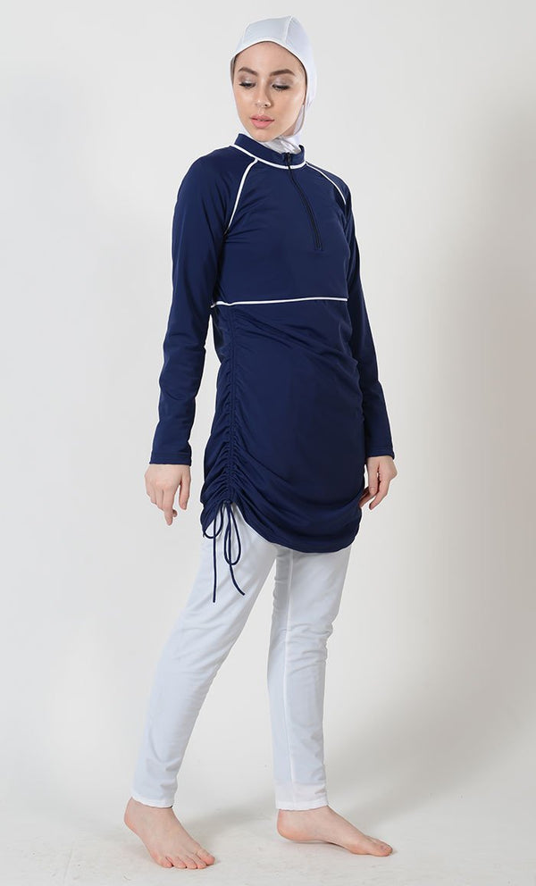 Rouched Detail And White Trim Panels Swimwear Burkini Three Piece Set - EastEssence.com