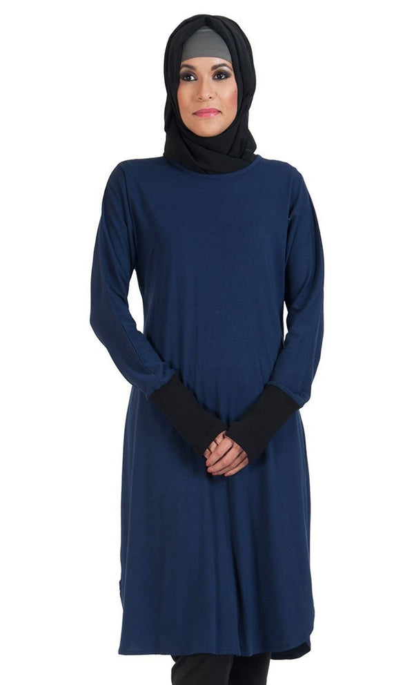 Round Neckline And Contrast Color Cuffed Sleeves Tunic - EastEssence.com