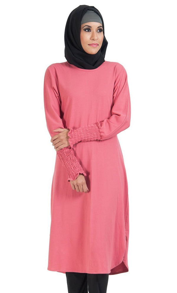 Round Neckline And Elasticated Cuffed Sleeves Tunic - EastEssence.com