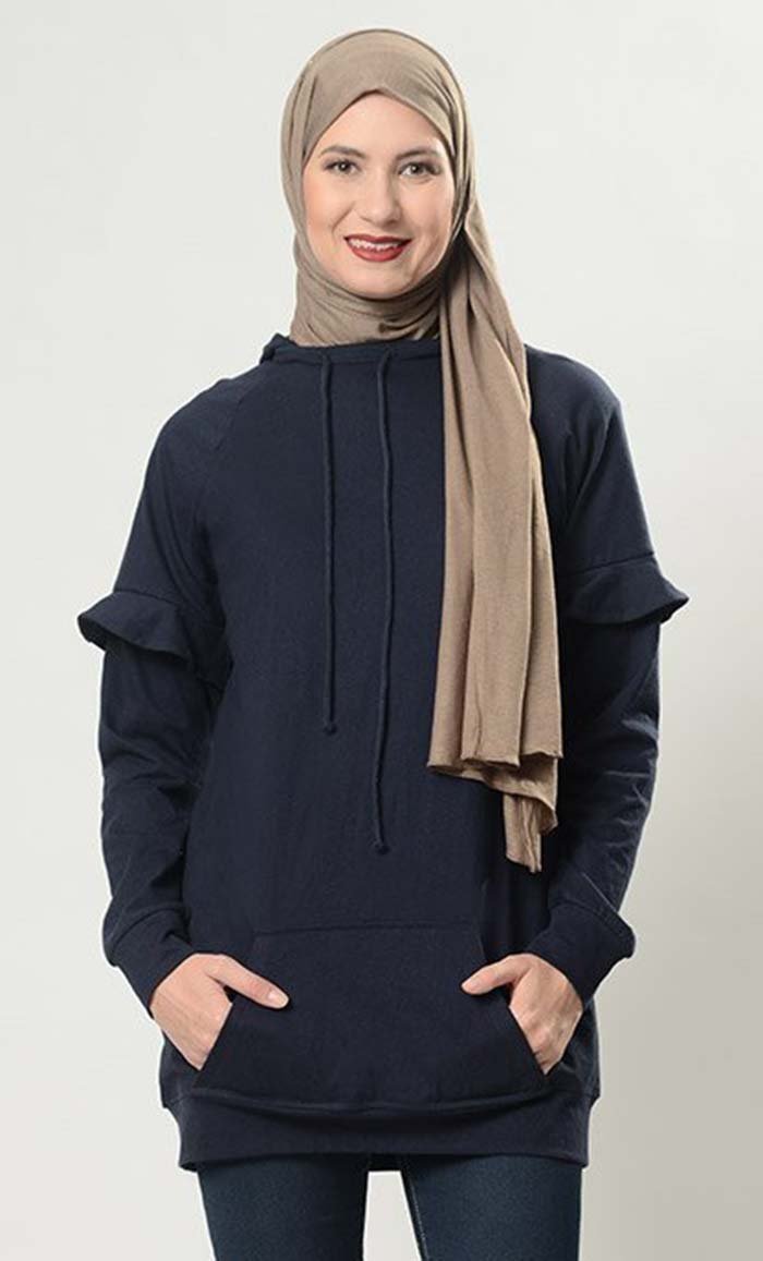 Ruffled Deatil On Sleeves Casual Hoodie Sweatshirt - EastEssence.com
